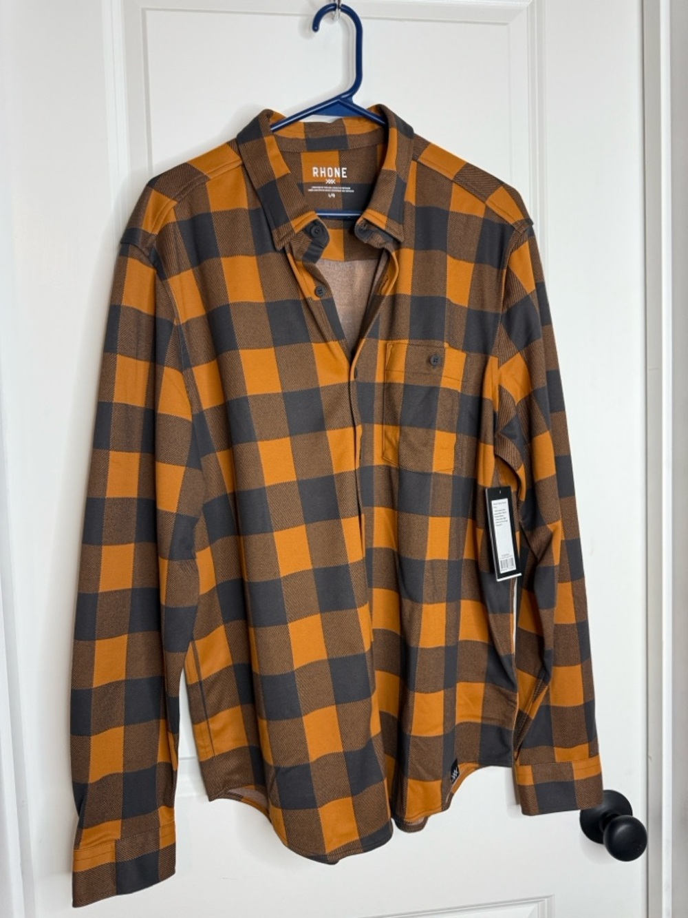RHONE Orange & Charcoal Check Flannel Shirt NWT L